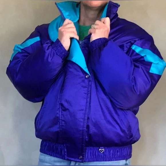 Obermeyer Vintage 80s Retro Purple/ Blue Colorblock Down Puffer Satin Jacket Ski - Picture 1 of 11